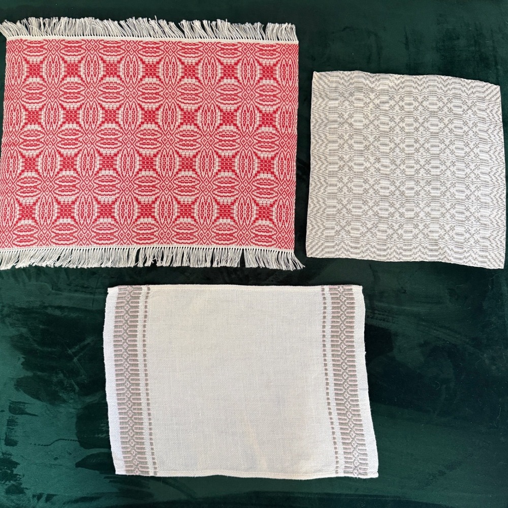 Vintage Hand Woven Textile Set Red White Neutral Geometric Overshot Table Linens
